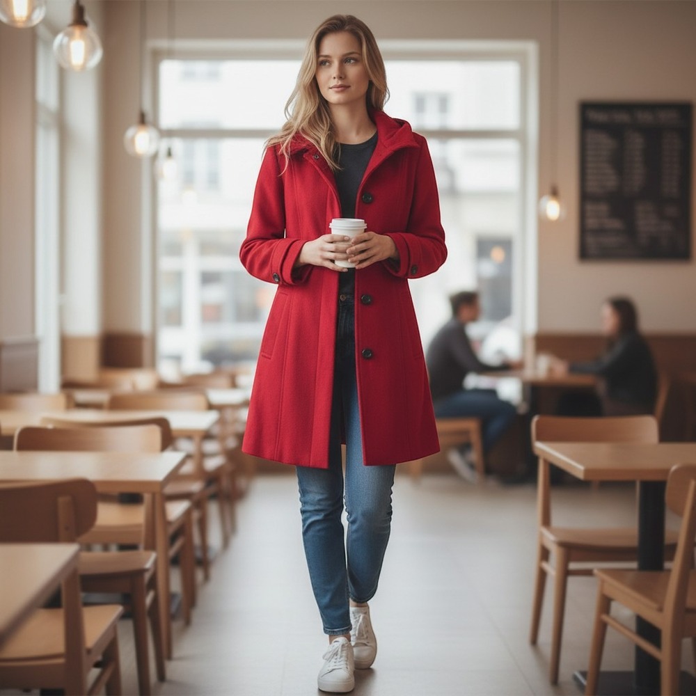 The Wool Maker Pea Coat XS Red Excellent Wool Blend Button Front Outerwear